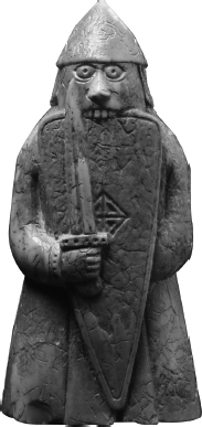 Start of image description, The rook from the Lewis chess set. The figure is shown biting the edge of his shield in the manner of a Viking berserker., end of image description