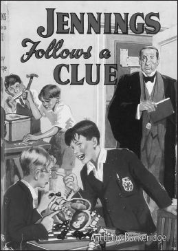 Start of image description, The book cover of Jennings Follows a Clue, by Anthony Buckeridge. The cover features 2 schoolboys arguing over a game of chess and the board being overturned. Their schoolmaster frowns at them from the doorway as a boy hammers at a wooden box in the background., end of image description