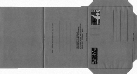 Start of image description, An example of an aerogramme. The sample aerogramme is shown unfolded and ready to include a handwritten message., end of image description