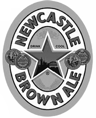 Start of image description, The label from a bottle of Newcastle Brown Ale. The label features a star at the centre, flanked by 4 medals won for ale competitions., end of image description