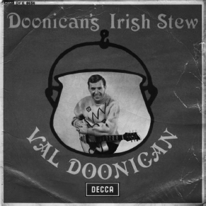 Start of image description, The record cover of Val Doonican’s 1966 E P, Doonican’s Irish Stew. A picture of Doonican with his guitar is superimposed on a cooking pot., end of image description