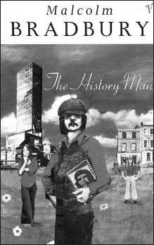 Start of image description, The book cover of The History Man, a 1975 satirical novel by Malcolm Bradbury based around academic life in universities in the 1970s. The illustrated cover features the main protagonist, the sociology professor Howard Kirk, holding a book with the revolutionary, Che Guevara, on the cover. Kirk is wearing a hat resembling a baker boy cap and has a large moustache., end of image description