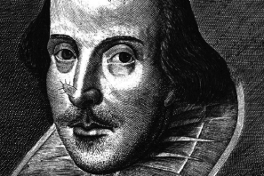 Start of image description, A detail from a portrait of William Shakespeare engraved by Martin Droeshout. The image was formed the frontispiece for the title page of the First Folio collection of Shakespeare’s plays, published in 1623. This version has been altered to include a large, hairy wart on his nose., end of image description