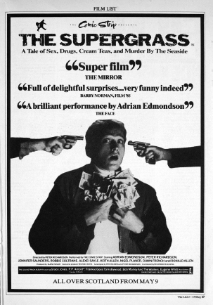 Start of image description, A poster for the Comic Strip production, The Supergrass. The caption reads, A tale of sex, drugs, cream teas, and murder by the seaside. The image shows Adrian holding bundles of cash with 2 guns being pointed at his head. The reviews are as follows. Super film, The Mirror. Full of delightful surprises, very funny indeed, Barry Norman, Film 85. A brilliant performance by Adrian Edmondson, The Face., end of image description