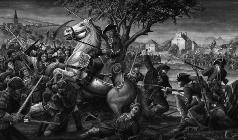 Start of image description, A painting by Andrew Hillhouse depicts the demise of Colonel Gardiner at the Battle of Prestonpans on 21 September 1745. Gardiner is shown upon his rearing white horse, sword in hand as he charges the Jacobin line. The battle was the first of the Jacobite rising of 1745., end of image description