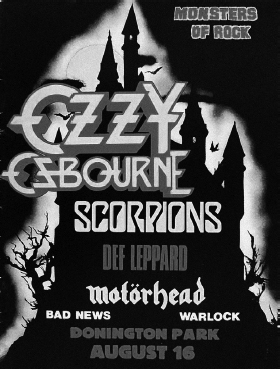 Start of image description, A poster for the Monsters of Rock festival at Donington Park on 16 August 1986. The poster features a silhouette of a haunted house with bats flying over the pointed turrets. The bands performing that year included Ozzy Osbourne, Scorpions, Def Leppard, Motorhead, Warlock, and Adrian, Rik, Nigel, and Christopher’s spoof metal band, Bad News., end of image description