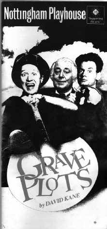 Start of image description, A poster for a production of the play, Grave Plots by David Kane, at the Nottingham Playhouse. The poster features Adrian and his co-stars, John Gordon Sinclair and Patrick Cargill., end of image description