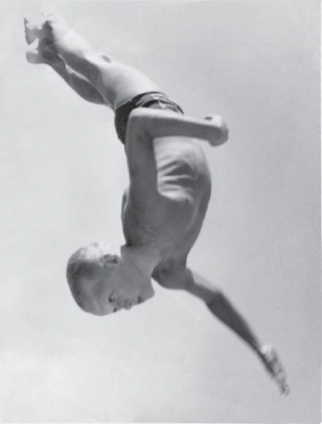 Start of image description, Adrian performs a somersault as he dives, presumably into a swimming pool below. He is captured by the camera as he hangs upside down in the air, eyes on whatever is beneath him., end of image description